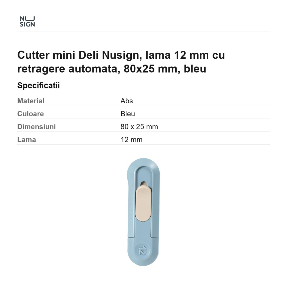 Cutter mini Deli Nusign, lama 12 mm cu retragere automata, 80x25 mm, bleu [3]