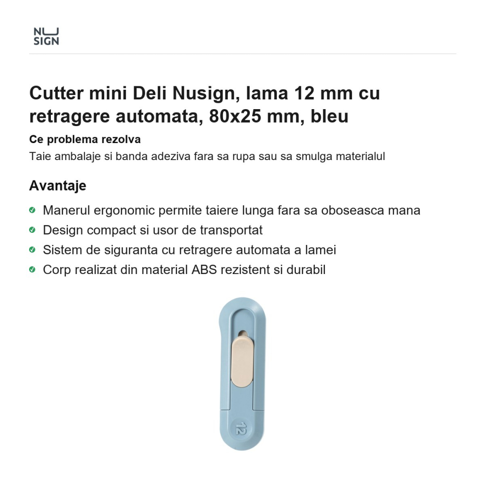 Cutter mini Deli Nusign, lama 12 mm cu retragere automata, 80x25 mm, bleu [2]