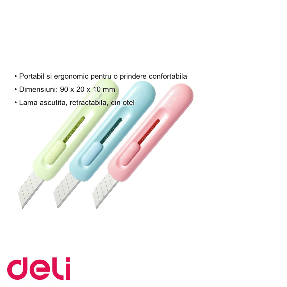 Cutter mini Deli, plastic reciclat, lama retractabila din otel, culori asortate, portabil si ergonomic [3]