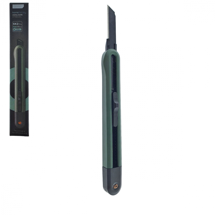 Cutter utilitar cu sina metalica, model Home Series 00740m, lama inox innegrit cu 13 sectiuni, lungime lama 80mm, latime lama 9mm, verde inchis [1]