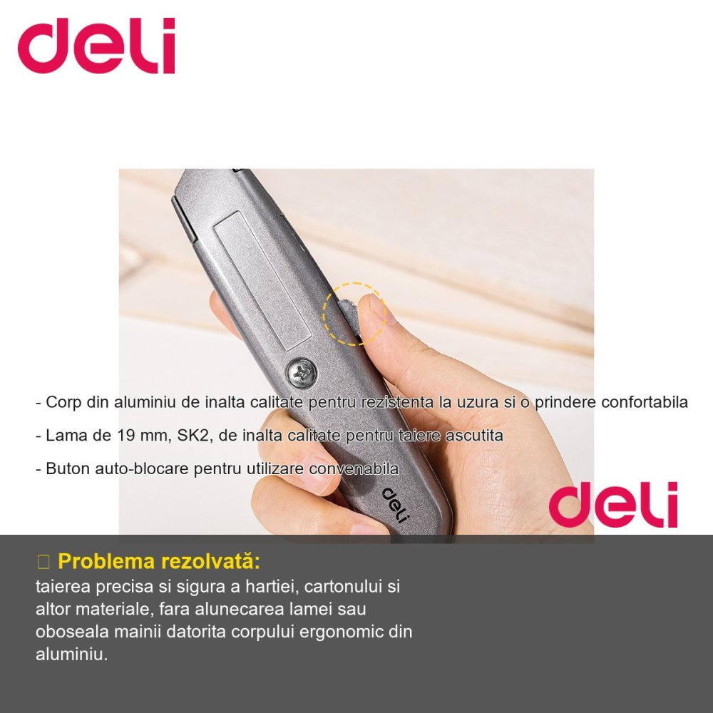 Cutter utilitar Deli, corp aluminiu, lama 19 mm SK2, cu buton auto-blocare, pentru taieri precise [2]