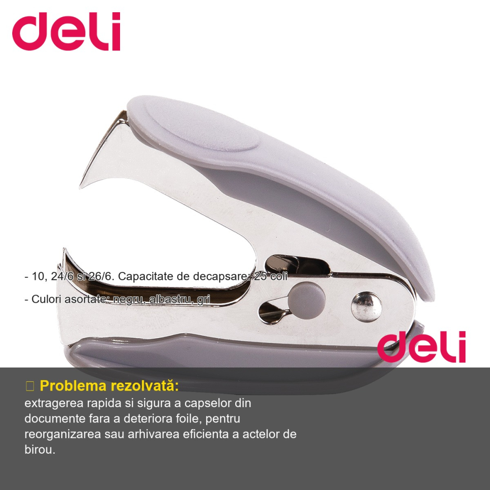 Decapsator Deli E0232, gheare puternice pentru capse nr. 10, 24/6 si 26/6, culori asortate pentru birou [2]