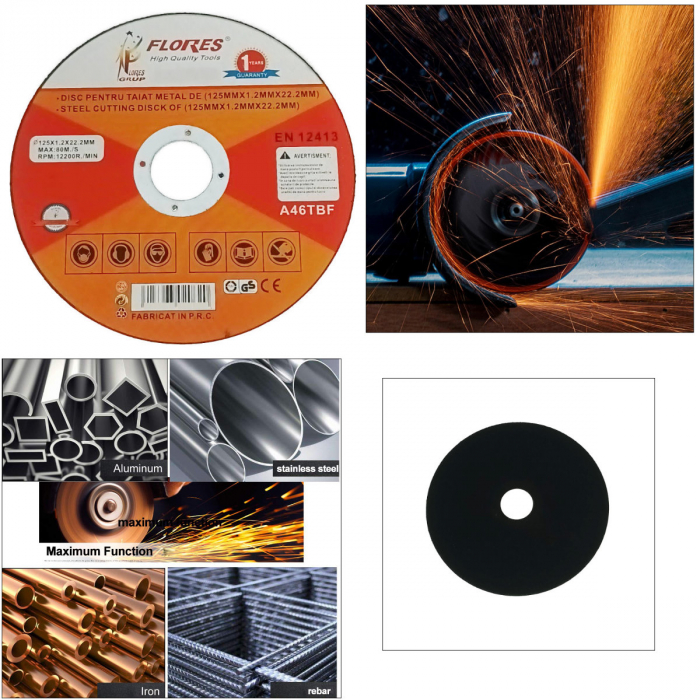 Disc de taiere metal, pentru polizor unghiular, 12200 rpm, diametru 125 mm, 1.2 mm grosime, alezaj de 22.2 mm, max. 80m/s [4]