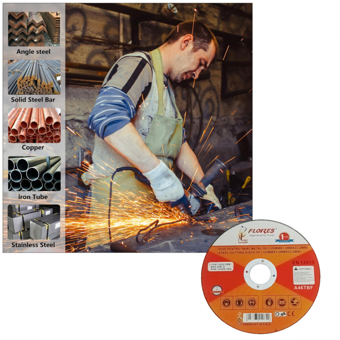 Disc de taiere metal, pentru polizor unghiular, 12200 rpm, diametru 125 mm, 1.2 mm grosime, alezaj de 22.2 mm, max. 80m/s [5]
