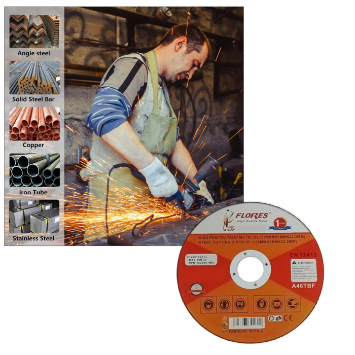 Disc de taiere metal, pentru polizor unghiular, 12200 rpm, diametru 125 mm, 1 mm grosime, alezaj de 22.2 mm, max. 80m/s [3]