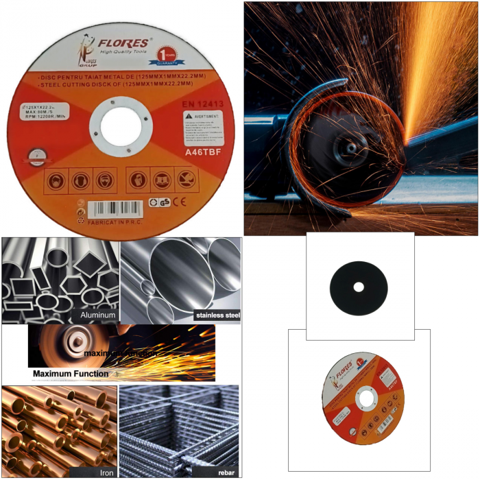 Disc de taiere metal, pentru polizor unghiular, 12200 rpm, diametru 125 mm, 1 mm grosime, alezaj de 22.2 mm, max. 80m/s [4]
