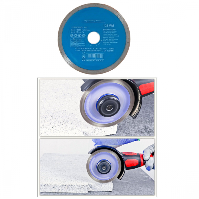 Disc diamantat continuu, 125 x 22.2 x 2 mm, 12000 rot/min, taiere umeda si uscata, placi ceramice, piatra, marmura, granit, beton, High Quality Tools [4]