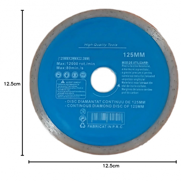 Disc diamantat continuu, 125 x 22.2 x 2 mm, 12000 rot/min, taiere umeda si uscata, placi ceramice, piatra, marmura, granit, beton, High Quality Tools [5]