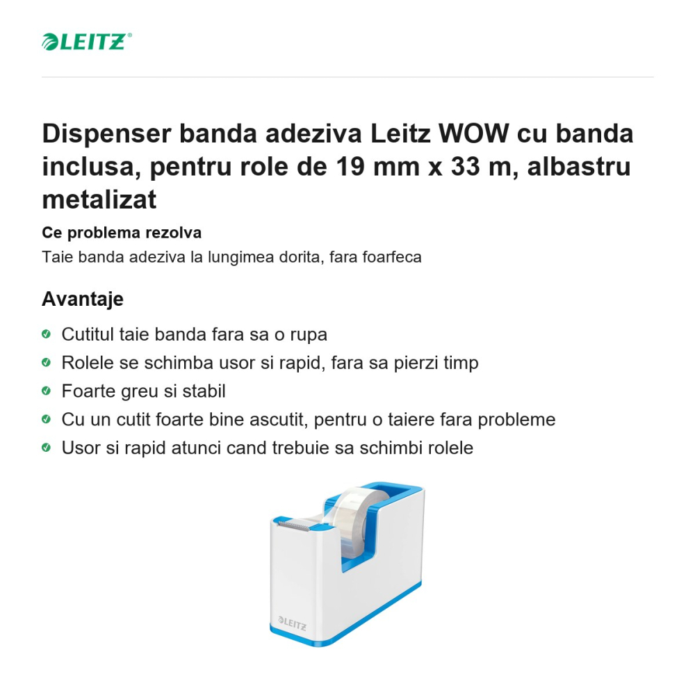 Dispenser banda adeziva Leitz WOW cu banda inclusa, pentru role de 19 mm x 33 m, albastru metalizat [2]