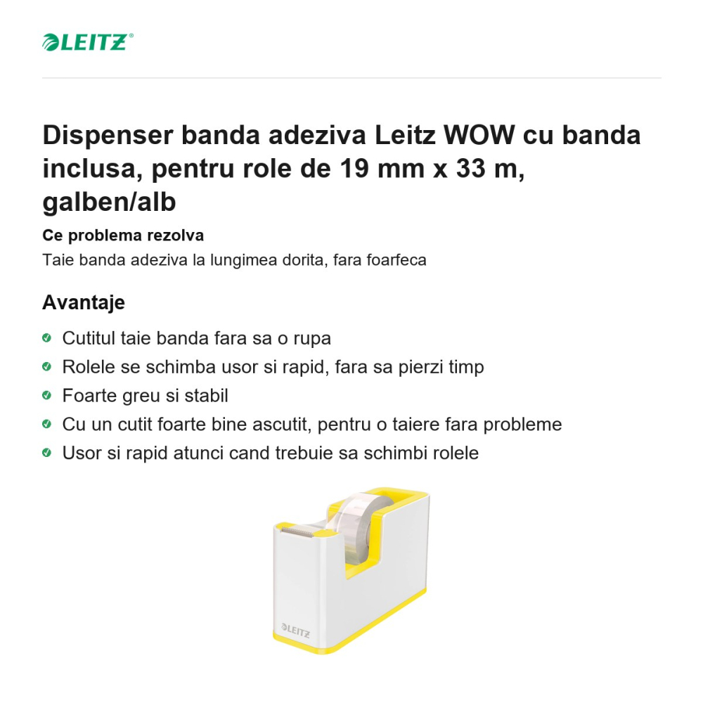 Dispenser banda adeziva Leitz WOW cu banda inclusa, pentru role de 19 mm x 33 m, galben/alb [2]