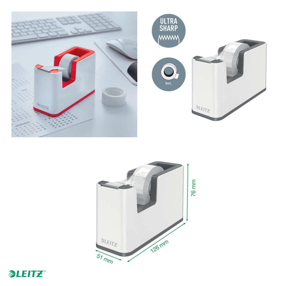 Dispenser banda adeziva Leitz WOW cu banda inclusa, pentru role de 19 mm x 33 m, rosu/alb [4]