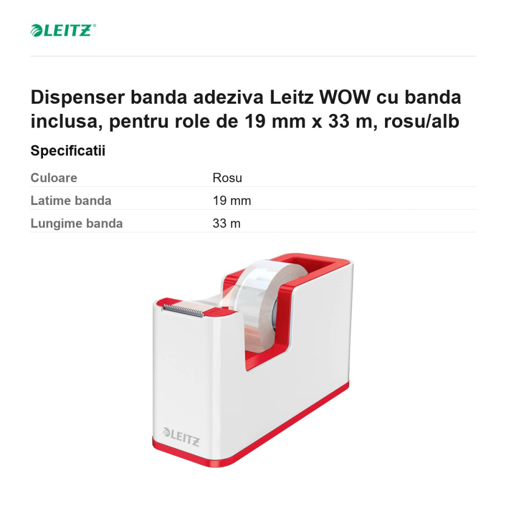 Dispenser banda adeziva Leitz WOW cu banda inclusa, pentru role de 19 mm x 33 m, rosu/alb [3]
