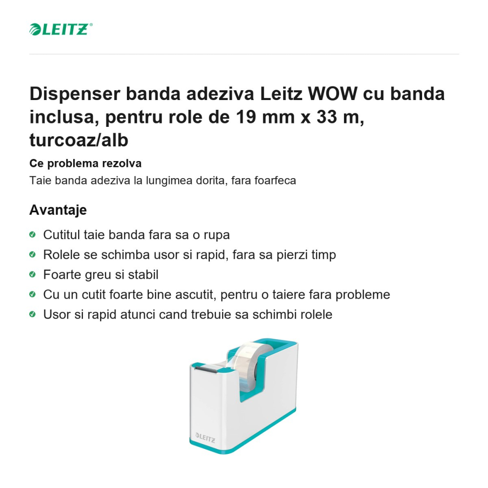 Dispenser banda adeziva Leitz WOW cu banda inclusa, pentru role de 19 mm x 33 m, turcoaz/alb [2]