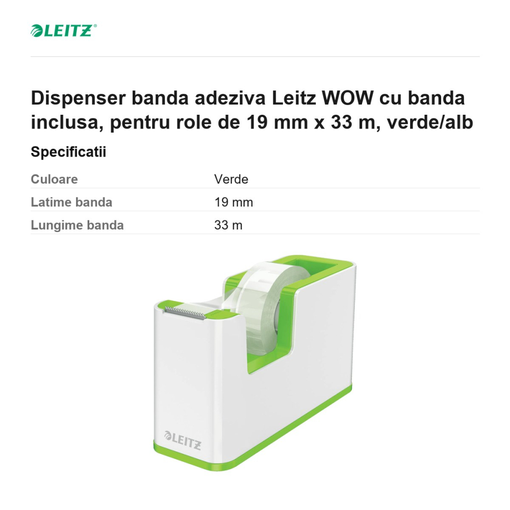Dispenser banda adeziva Leitz WOW cu banda inclusa, pentru role de 19 mm x 33 m, verde/alb [3]