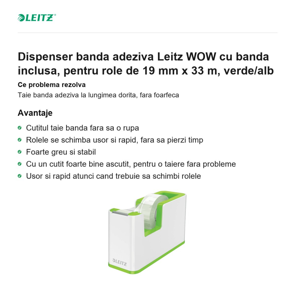 Dispenser banda adeziva Leitz WOW cu banda inclusa, pentru role de 19 mm x 33 m, verde/alb [2]