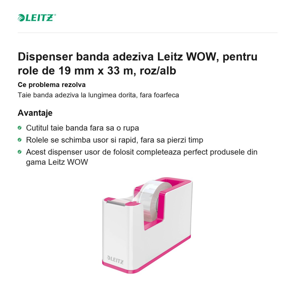Dispenser banda adeziva Leitz WOW, pentru role de 19 mm x 33 m, roz/alb [2]