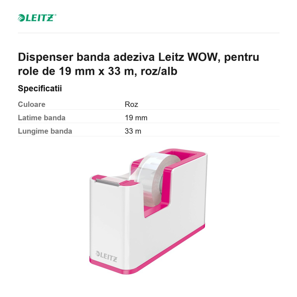 Dispenser banda adeziva Leitz WOW, pentru role de 19 mm x 33 m, roz/alb [3]