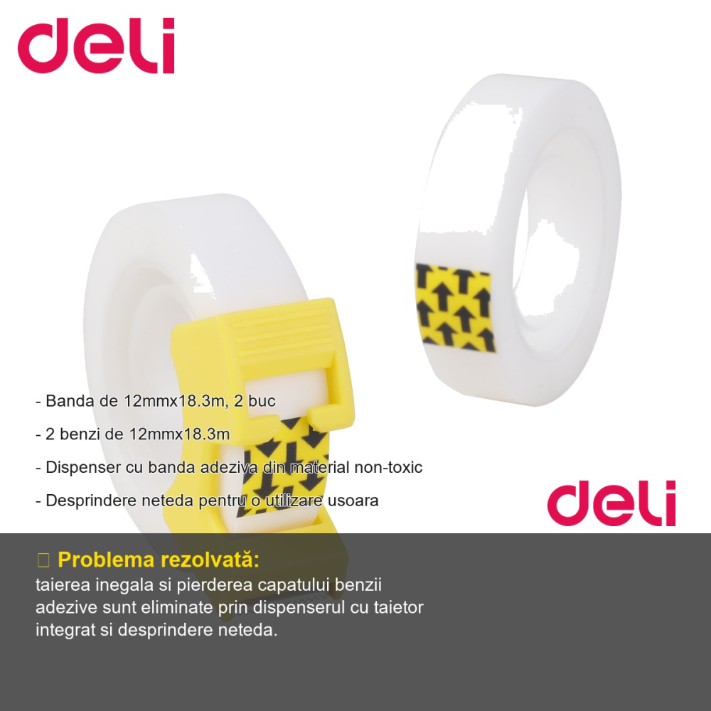 Dispenser cu banda adeziva Deli, set 2 role 12mm x 18.3m, utilizare usoara la birou sau acasa [2]