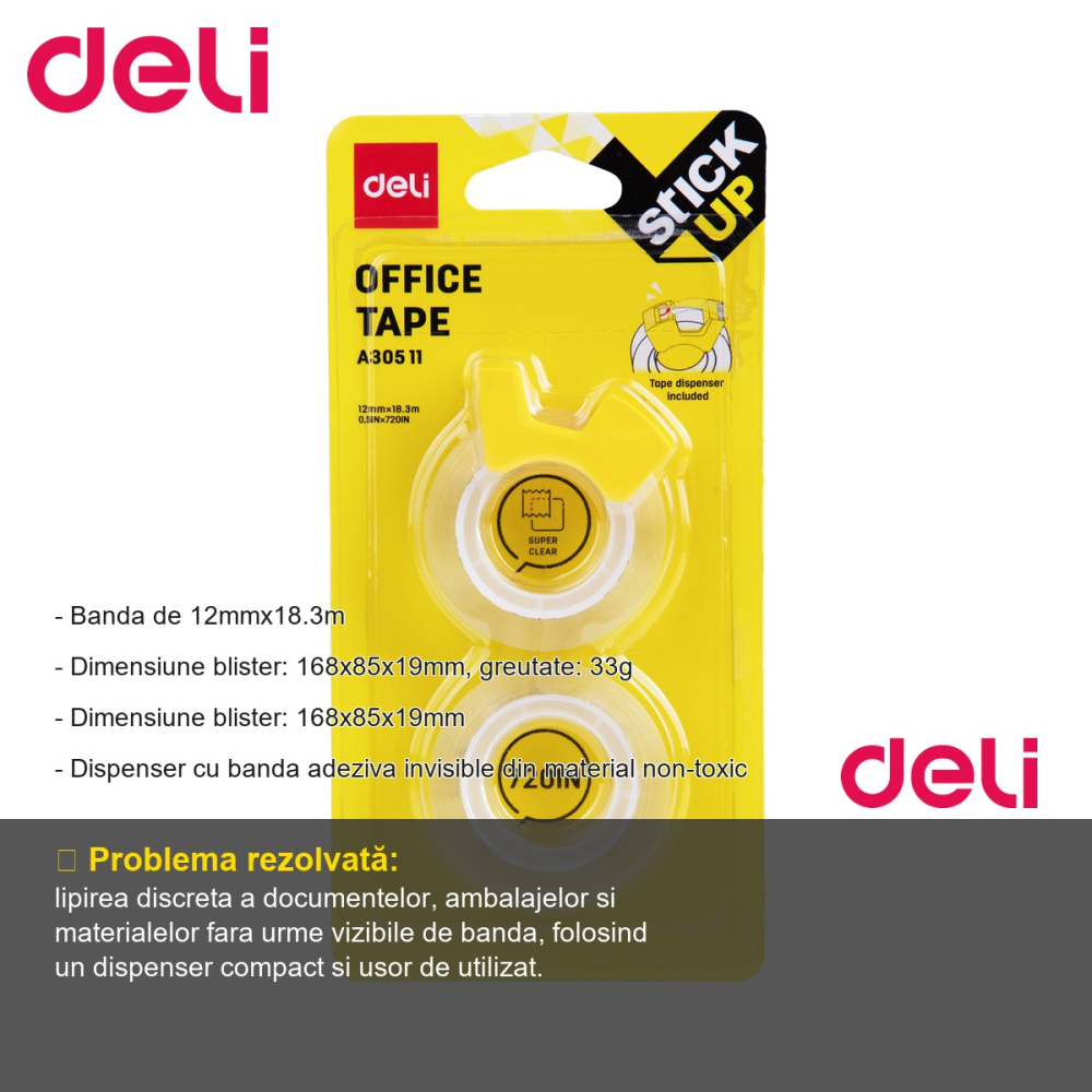 Dispenser cu banda adeziva invizibila Deli, 12mm x 18.3m, pentru birou si acasa [2]