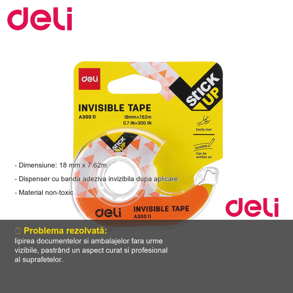 Dispenser cu banda adeziva invizibila Deli, 18mm x 7.62m, pentru birou si uz casnic [2]