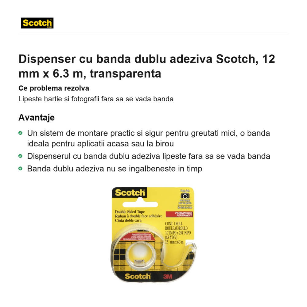 Dispenser cu banda dublu adeziva Scotch, 12 mm x 6.3 m, transparenta [2]