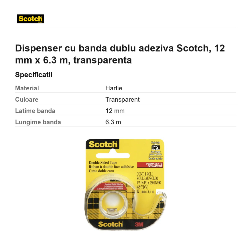 Dispenser cu banda dublu adeziva Scotch, 12 mm x 6.3 m, transparenta [3]