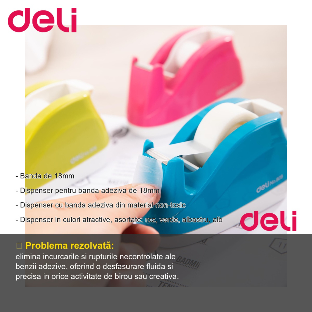Dispenser stabil pentru banda adeziva 18mm Deli, culori asortate, pentru birou si acasa [2]