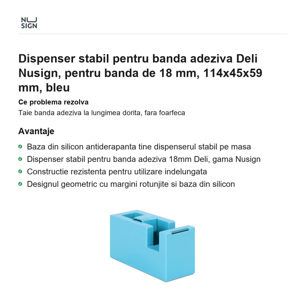 Dispenser stabil pentru banda adeziva Deli Nusign, pentru banda de 18 mm, 114x45x59 mm, bleu [2]