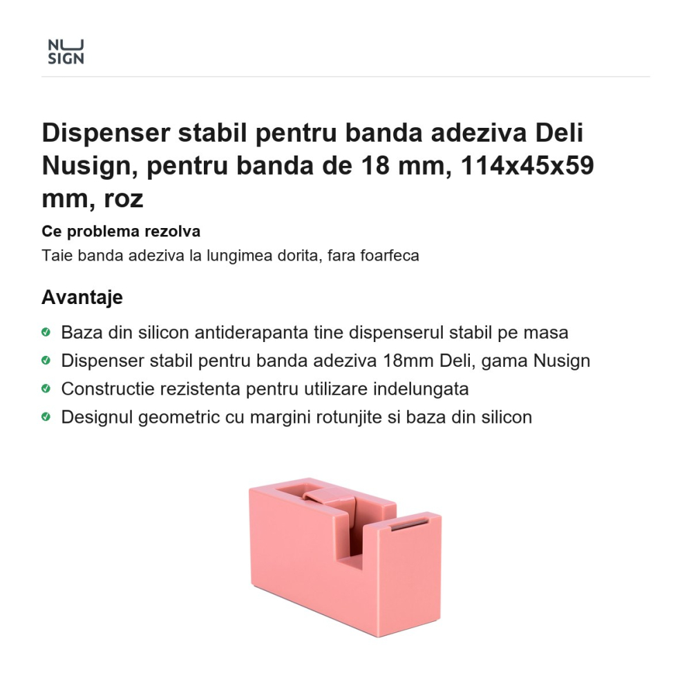 Dispenser stabil pentru banda adeziva Deli Nusign, pentru banda de 18 mm, 114x45x59 mm, roz [2]