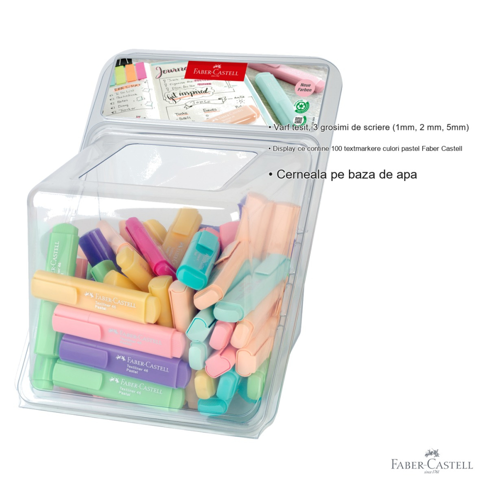 Display 100 textmarkere pastel Faber-Castell, varf tesit, 3 grosimi de scriere, cerneala pe baza de apa [3]