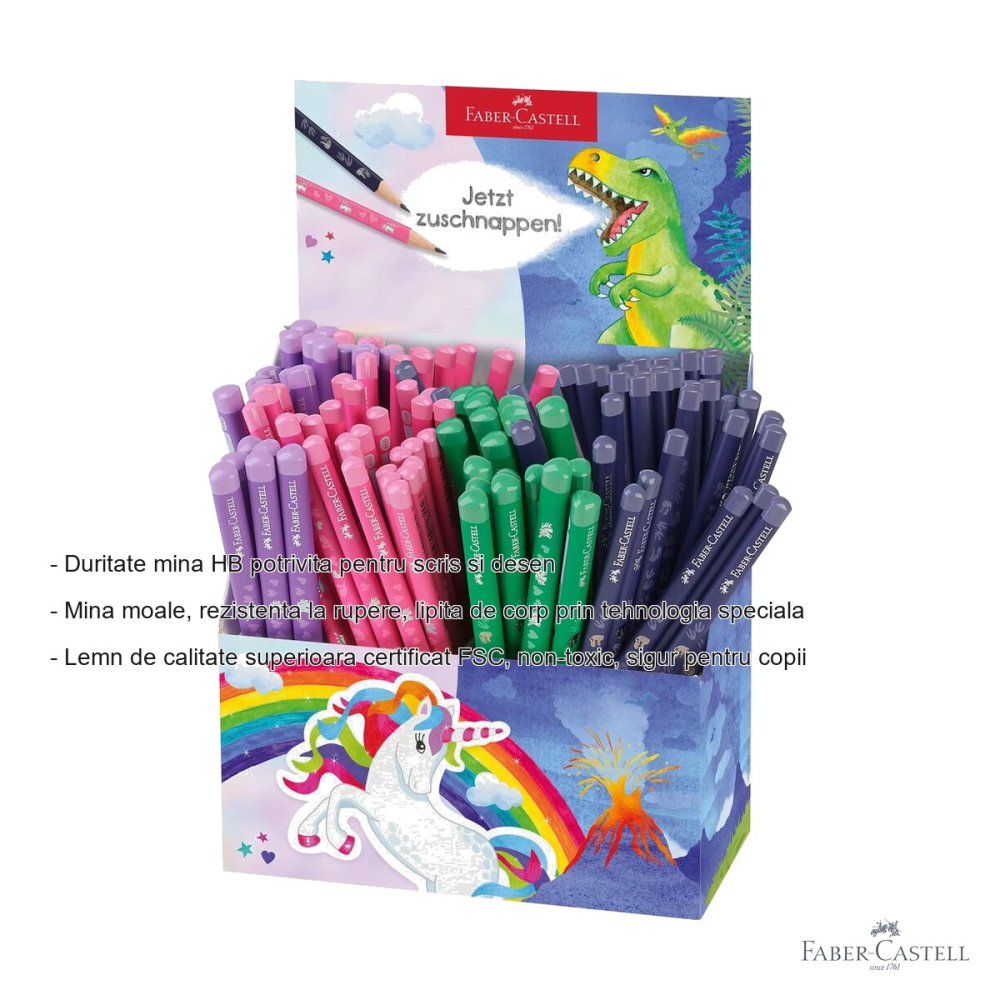 Display 120 creioane grafit Faber-Castell standard si Jumbo HB, motive unicorni si dinozauri, pentru copii [2]