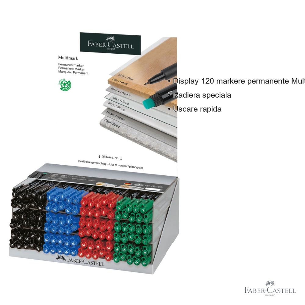 Display 120 markere permanente Faber-Castell Multimark, varfuri F/S/M, 4 culori asortate, pentru CD, sticla si metal [3]
