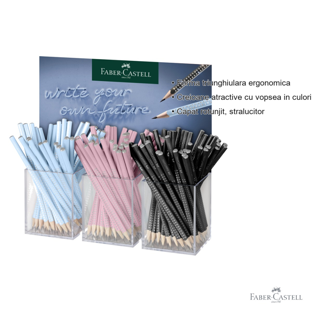 Display 144 creioane grafit Faber-Castell Sparkle Harmony 2024, forma triunghiulara ergonomica, negru/albastru/roz [3]