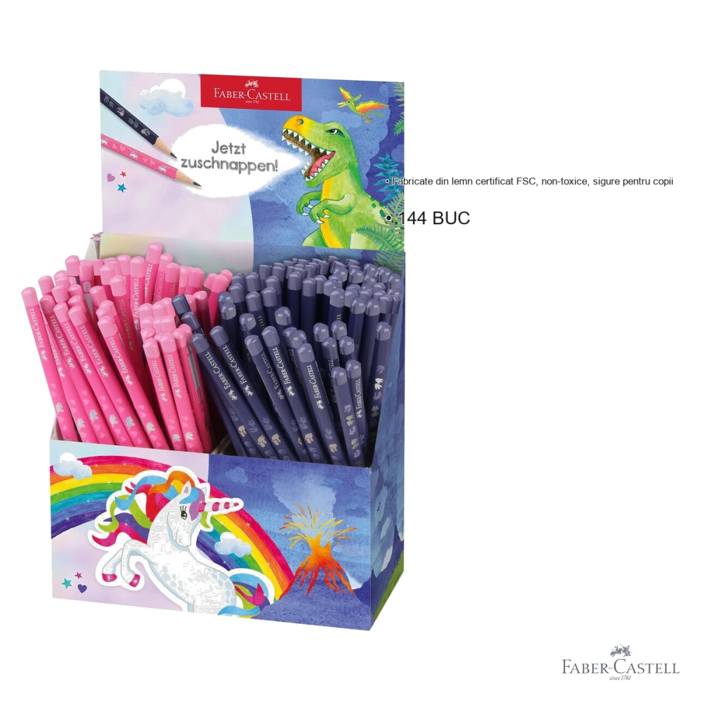 Display 144 creioane grafit HB Faber-Castell, motive unicorni si dinozauri, forma triunghiulara ergonomica, pentru copii [3]