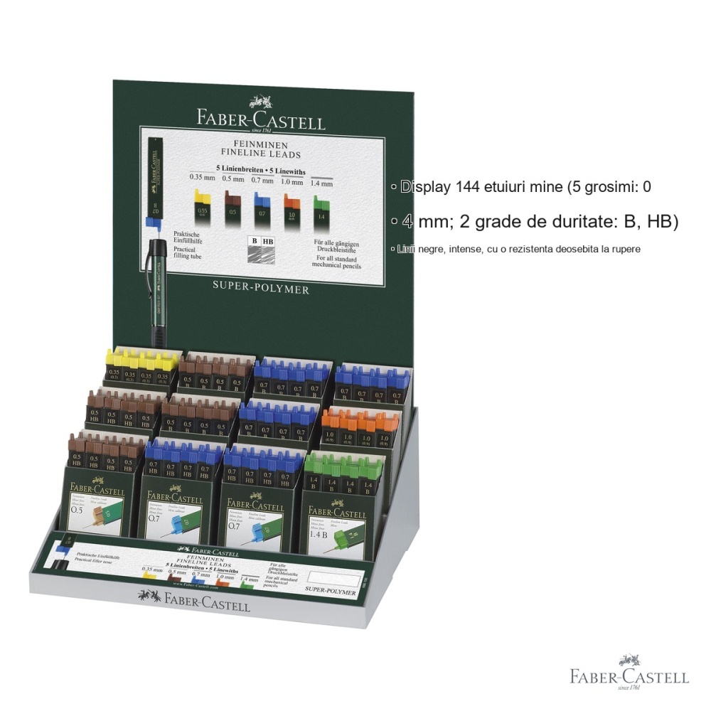 Display 144 etuiuri mine creion mecanic Faber-Castell Super-Polymer, 5 grosimi si 2 grade de duritate, pentru toate creioanele mecanice standard [3]