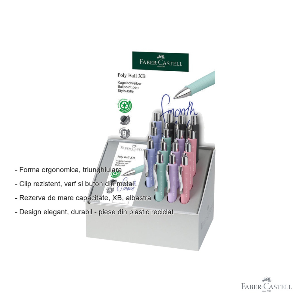 Display 15 pixuri cu mecanism Faber-Castell Poly Ball XB, grip ergonomic triunghiular, rezerva albastra de mare capacitate [2]