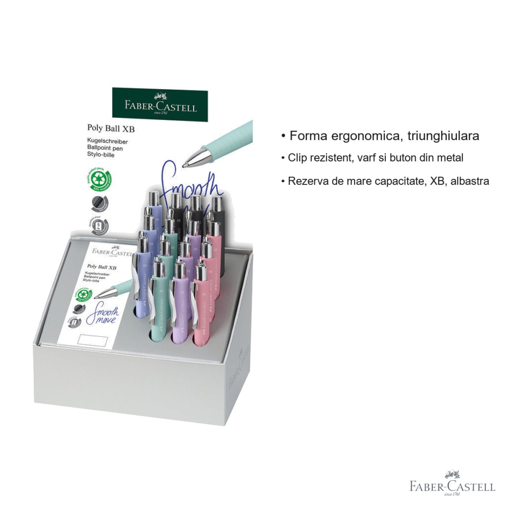 Display 15 pixuri cu mecanism Faber-Castell Poly Ball XB, grip ergonomic triunghiular, rezerva albastra de mare capacitate [3]