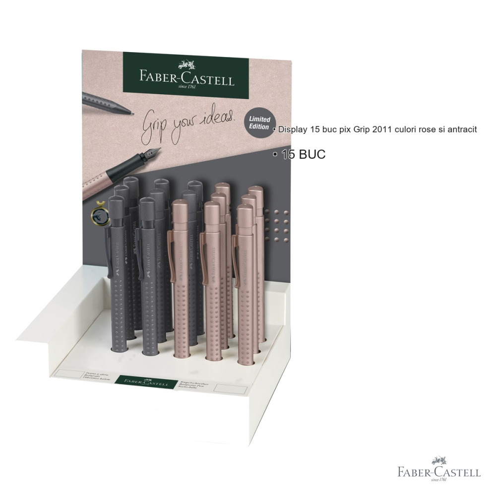 Display 15 pixuri Faber-Castell Grip 2011, culori rose cupru si antracit, cu mecanism retractabil [3]