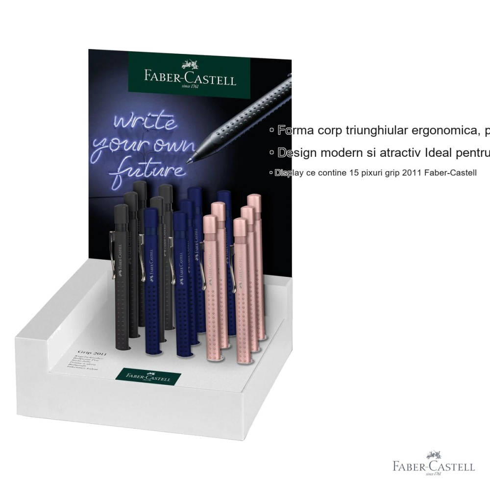 Display 15 pixuri Faber-Castell Grip 2011, mecanism retractabil, cerneala albastra, corp triunghiular ergonomic [3]