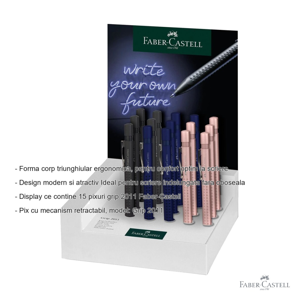 Display 15 pixuri Faber-Castell Grip 2011, mecanism retractabil, cerneala albastra, corp triunghiular ergonomic [2]