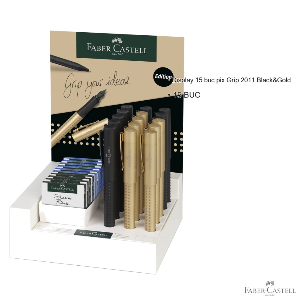 Display 15 stilouri Faber-Castell Grip 2011 Black & Gold, editie premium, pentru scriere eleganta [3]