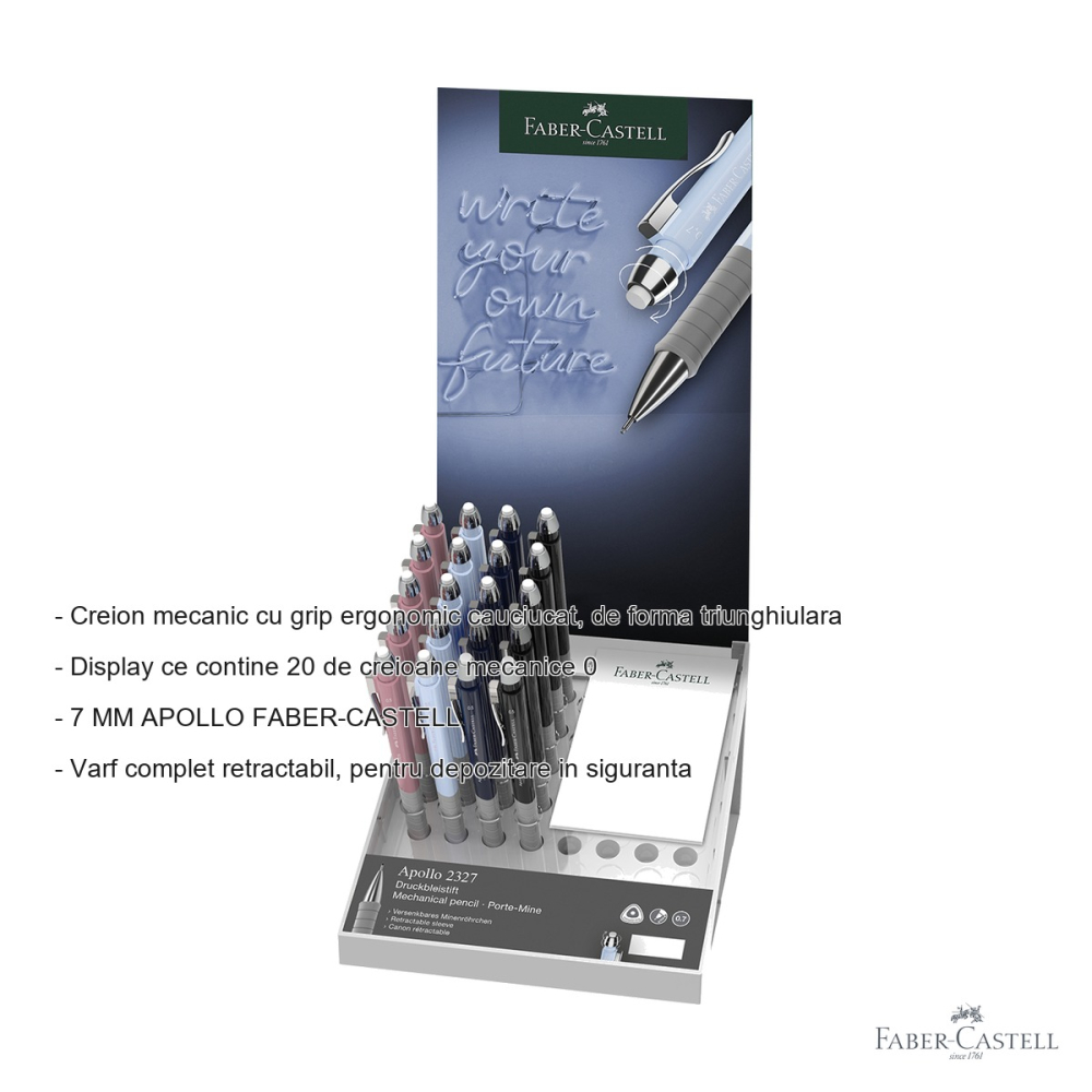 Display 20 creioane mecanice Faber-Castell Apollo 0.7mm, grip ergonomic triunghiular, pentru birou si scoala [2]