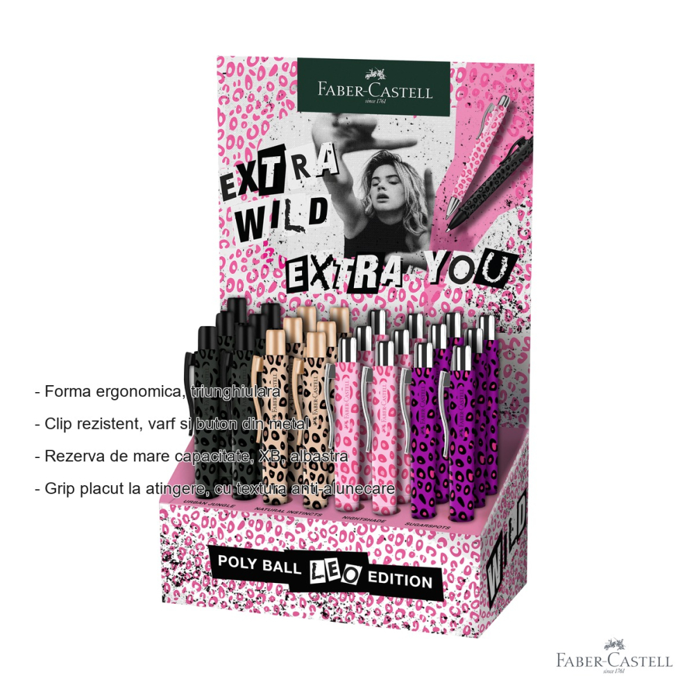 Display 24 pixuri cu mecanism Faber-Castell Poly Ball XB, editie speciala Leo, rezerva albastra XB, forma triunghiulara ergonomica [2]