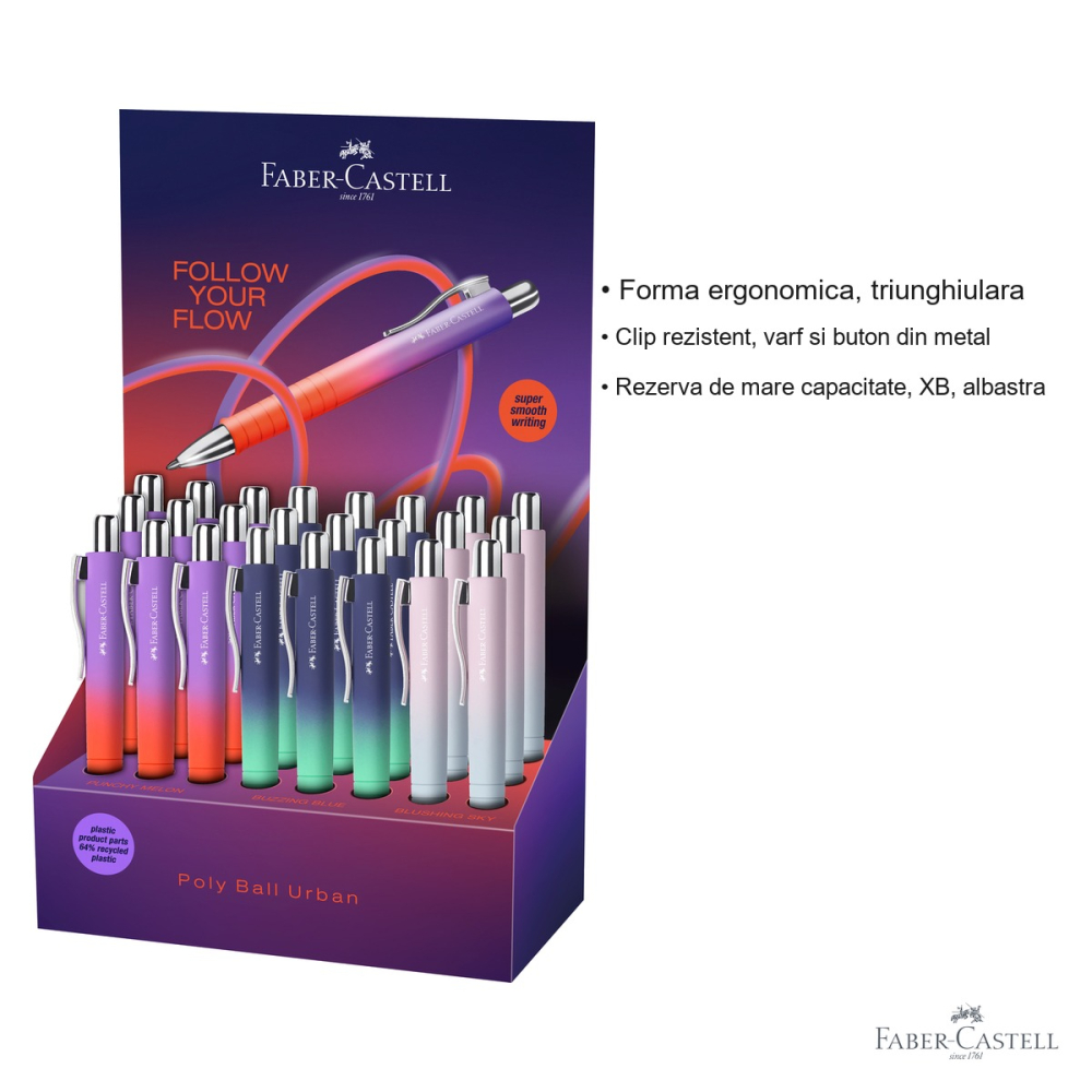 Display 24 pixuri cu mecanism Faber-Castell Poly Ball XB Flow, grip ergonomic triunghiular, rezerva albastra de mare capacitate [3]