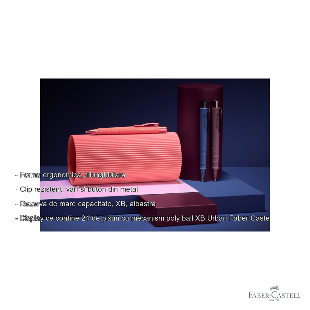 Display 24 pixuri cu mecanism Faber-Castell Poly Ball XB Urban, forma triunghiulara ergonomica, rezerva albastra de mare capacitate [2]