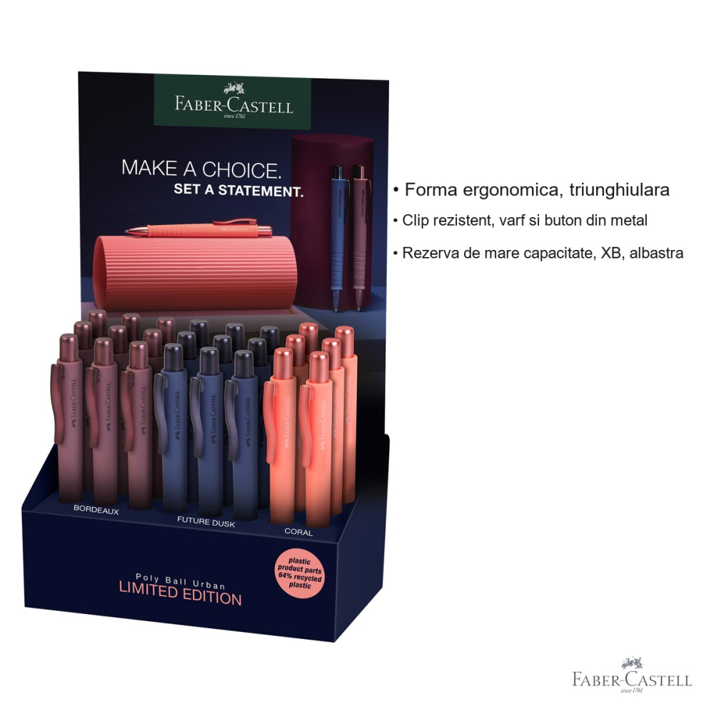 Display 24 pixuri cu mecanism Faber-Castell Poly Ball XB Urban, forma triunghiulara ergonomica, rezerva albastra de mare capacitate [3]