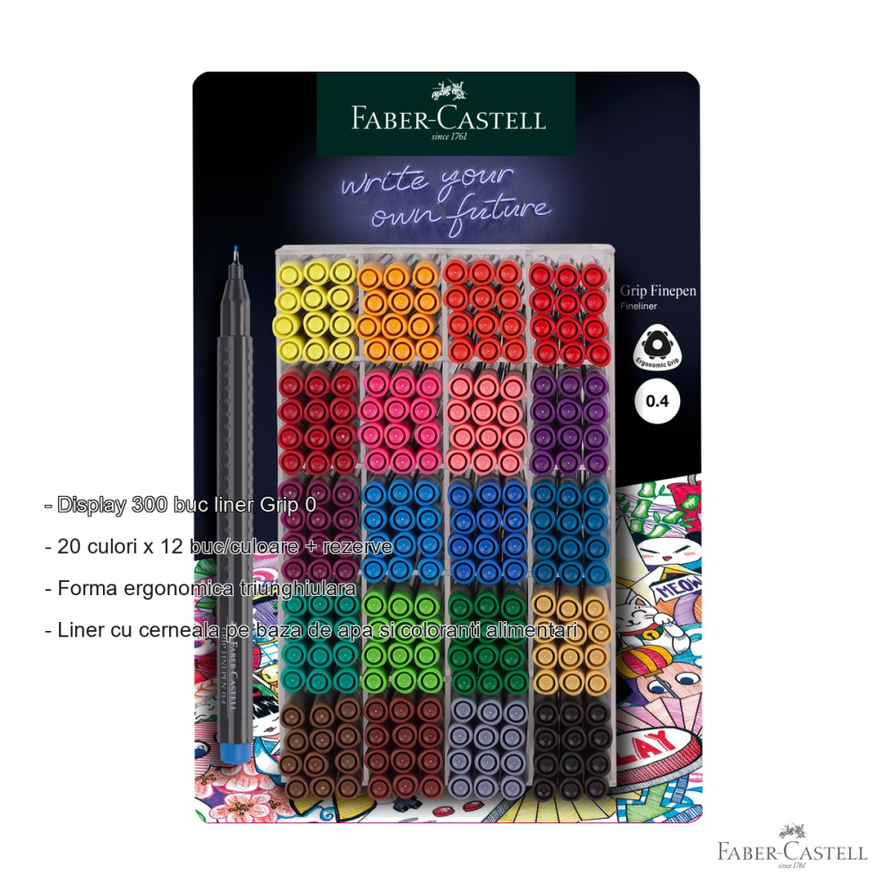 Display 300 linere Faber-Castell Grip 0.4mm, 20 culori diverse, cerneala pe baza de apa, pentru desen si desen tehnic [2]