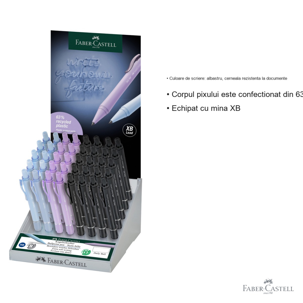 Display 40 pixuri cu mecanism Faber-Castell XB Daily, cerneala albastra rezistenta, plastic reciclat [3]