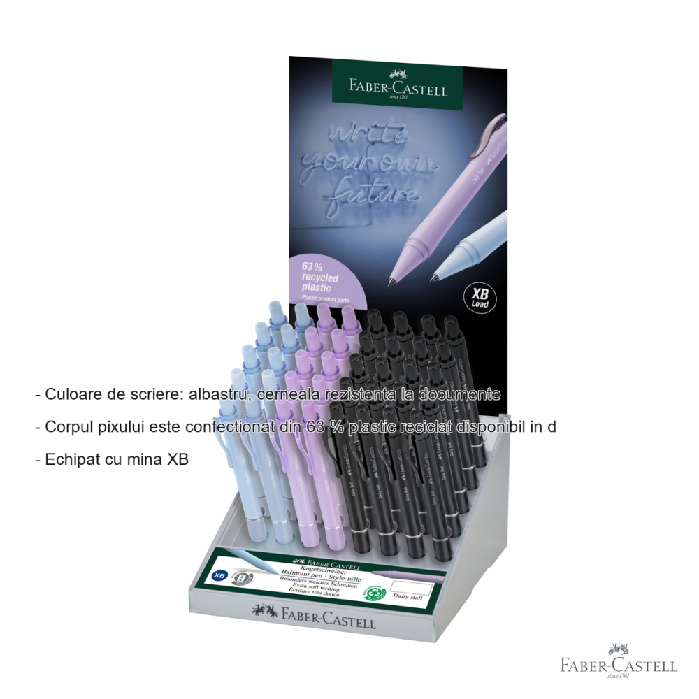Display 40 pixuri cu mecanism Faber-Castell XB Daily, cerneala albastra rezistenta, plastic reciclat [2]