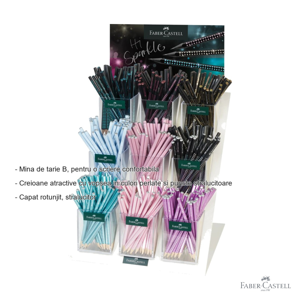 Display 432 creioane grafit B Faber-Castell Grip 2025 Sparkle, forma triunghiulara ergonomica, vopsea perlata [2]